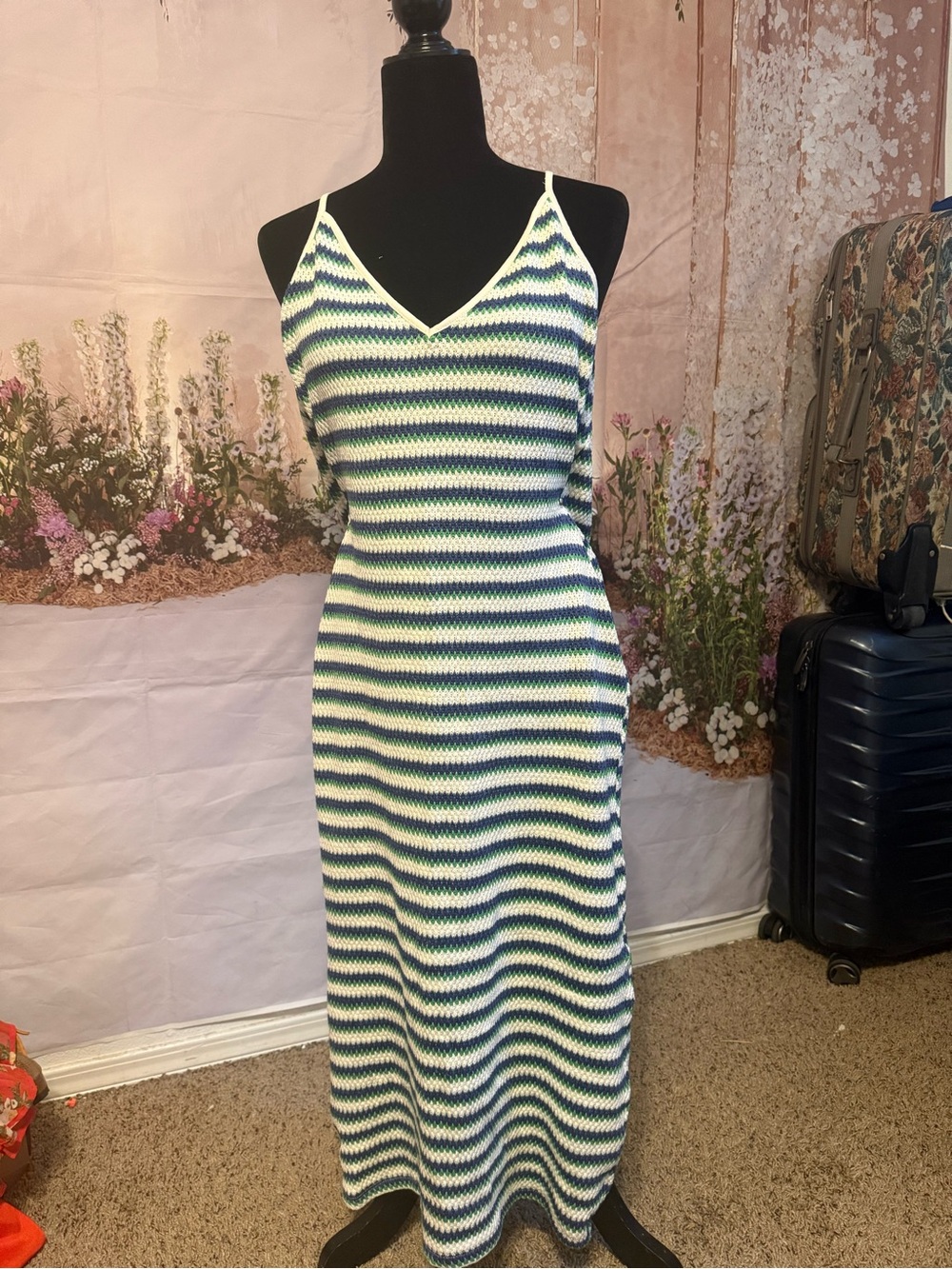 Zara Striped V‑Neck Maxi Dress in Green, Navy and White
